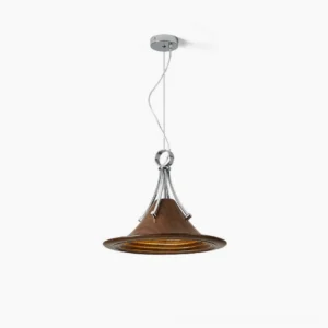 Dottie mid-century modern walnut wood pendant light with polished chrome fixture, front studio view