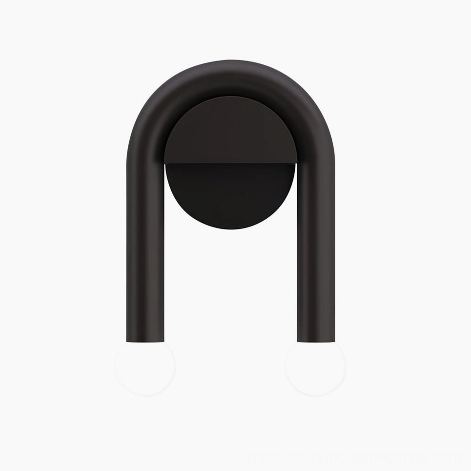 Black matte double arched wall sconce with dual G4 bulb bases, front-facing product view