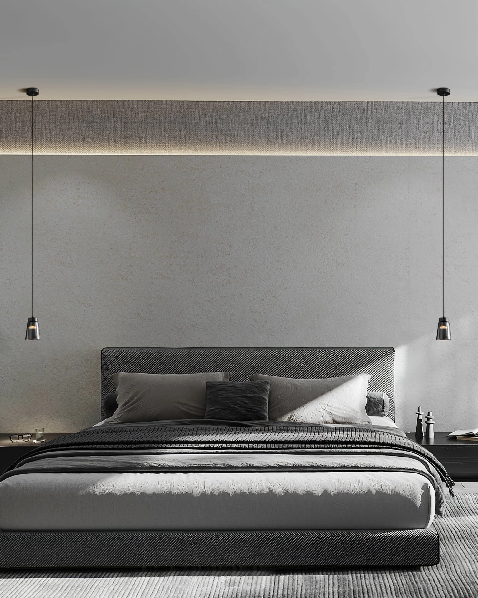 Contemporary dining area with double smoke grey cone pendant lights providing ambient illumination