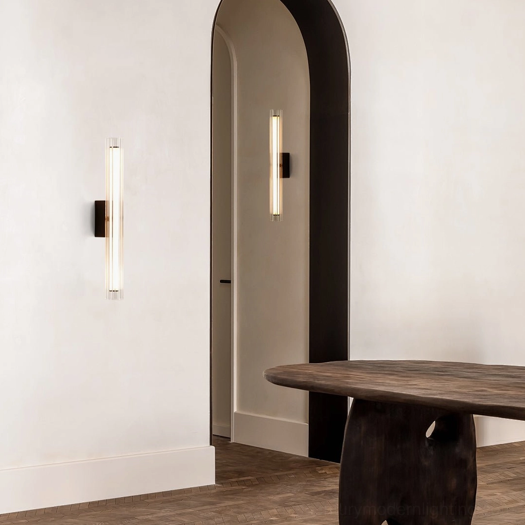 Dual Saxon wall lamps installed in archway corridor modern interior