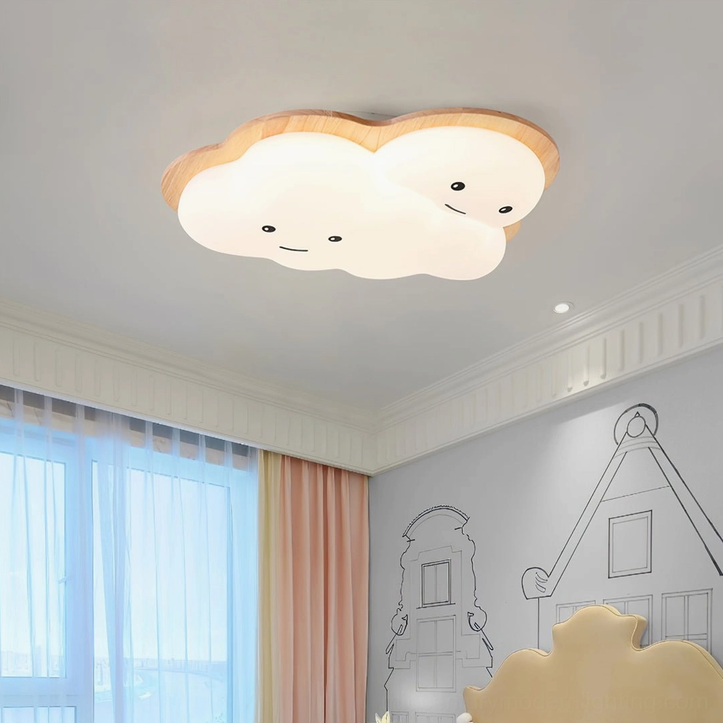 Dreamy pastel kids bedroom with smiling cloud ceiling light and hand-painted wall art decor
