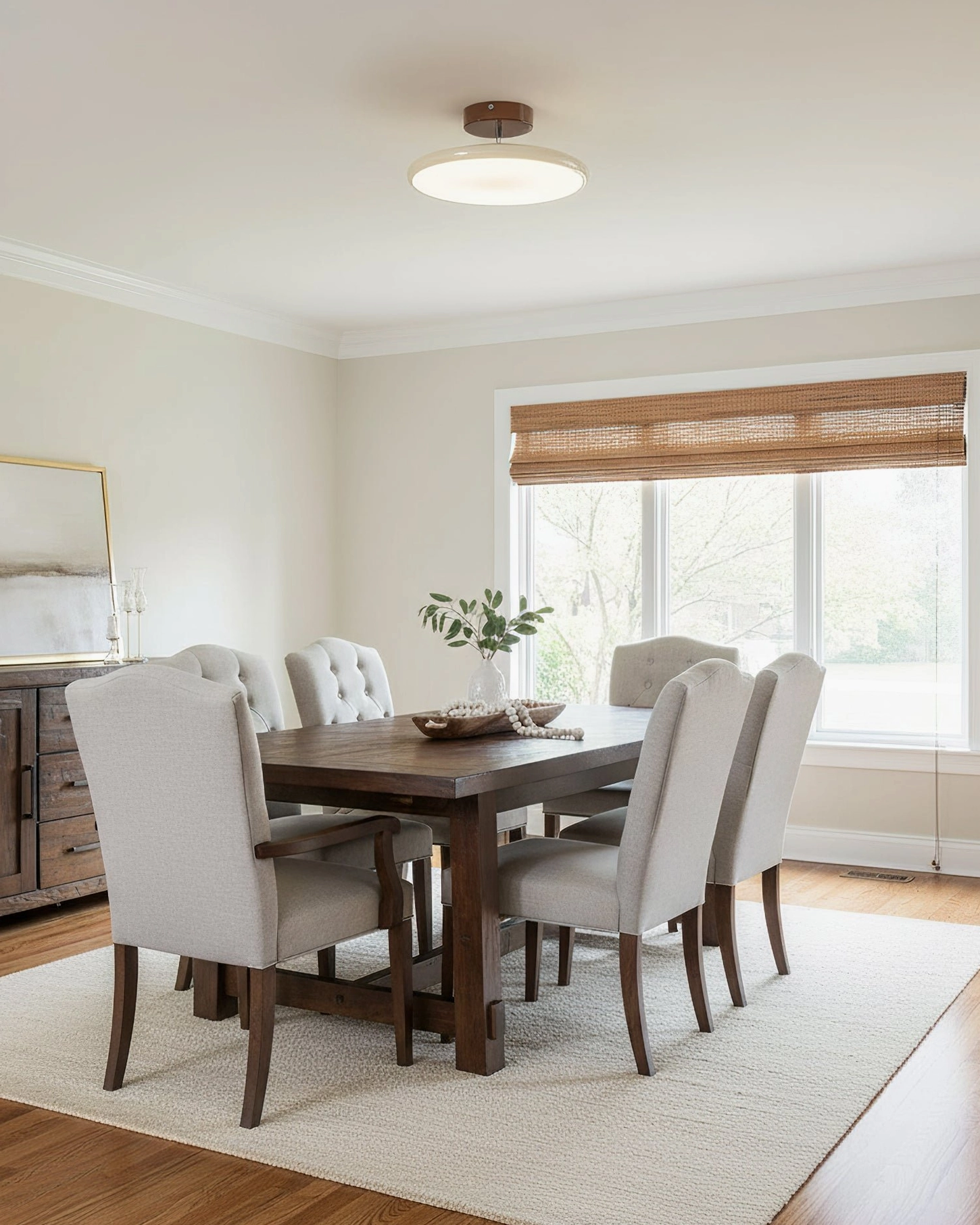 Drift adjustable ceiling lamp above wooden dining table with bamboo shading in transitional interior