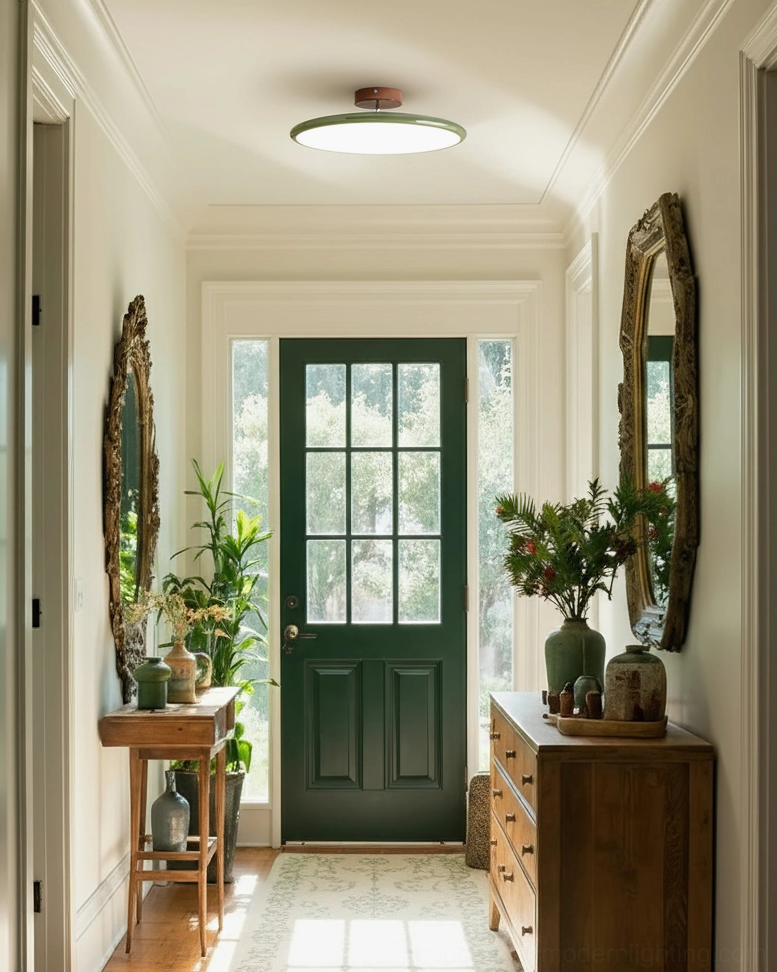 Drift flush mount ceiling light in entryway with green accent door and wooden furniture pieces