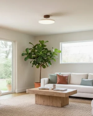 Drift adjustable ceiling light installed in contemporary minimalist living room with plants and modern furniture