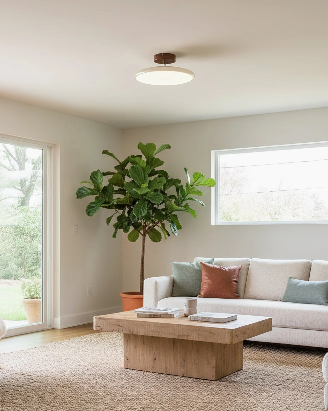 Drift adjustable ceiling light installed in contemporary minimalist living room with plants and modern furniture