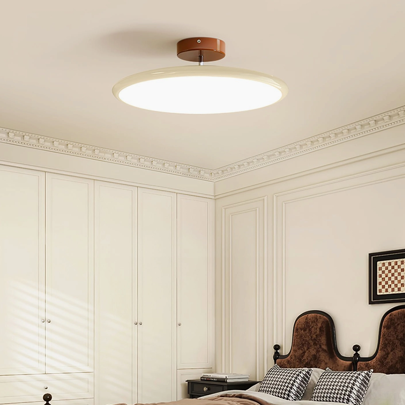 Drift ceiling light in luxury bedroom with neoclassical design and built-in wardrobes