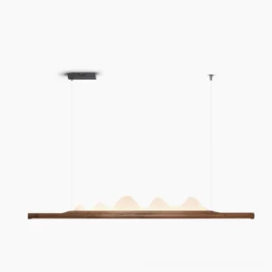 Drift Linear Pendant Light walnut wood modern LED chandelier front view on white background