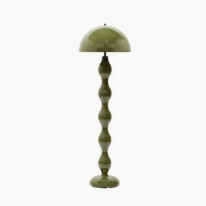 Drop floor lamp with sculptural iron orbs and half-dome shade against studio white background, showcasing minimalist modern design