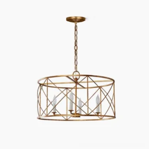 Modern drum cage chandelier with 4 candle-style bulbs and geometric cross-pattern metal frame in distressed gold finish, overhead studio view