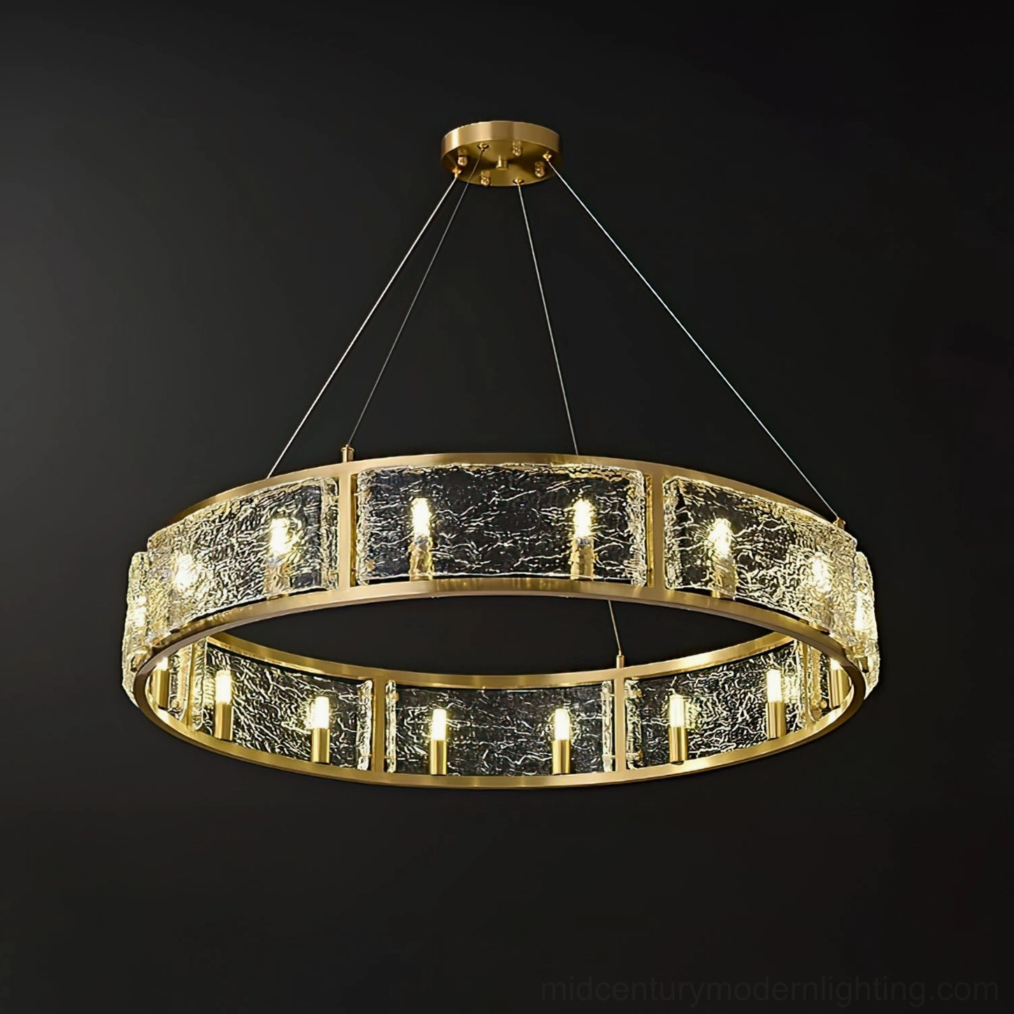 Bottom-up view of dual-row drum chandelier bulb arrangement with gold metal frame