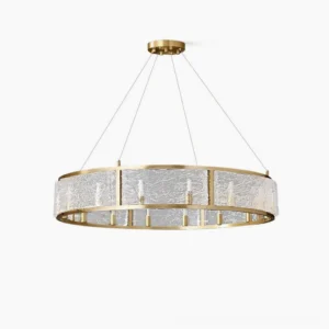 Drum chandelier modern brass ring pendant light with water-textured glass panels overhead view