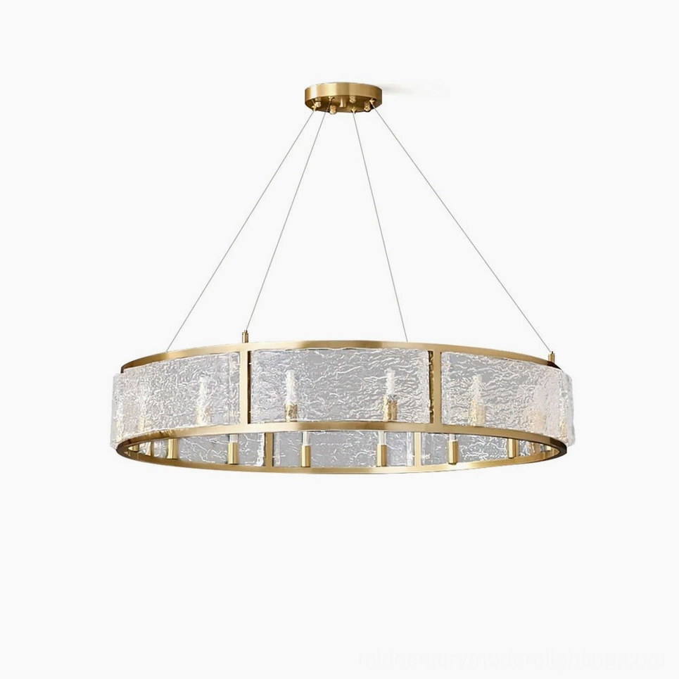 Drum chandelier modern brass ring pendant light with water-textured glass panels overhead view