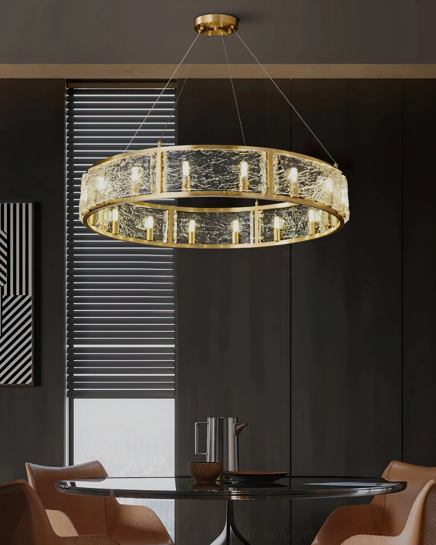 Drum chandelier pendant hanging over dining room glass table contemporary setup