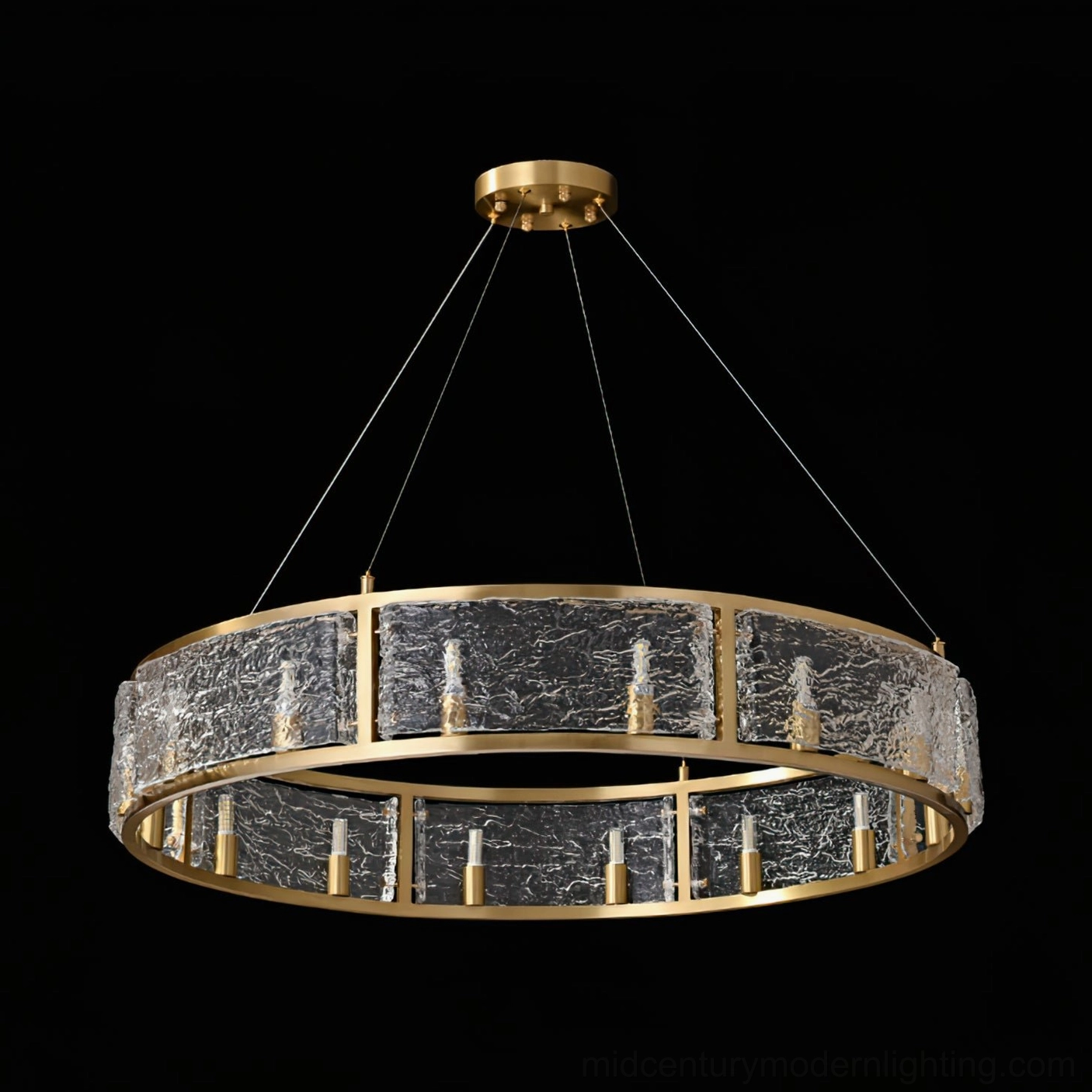 Drum chandelier studio shot showing inner bulb fixtures and brass frame details