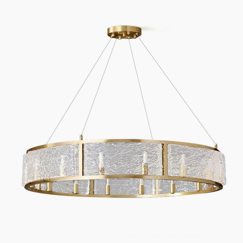 Drum chandelier full product shot brass frame textured glass contemporary design