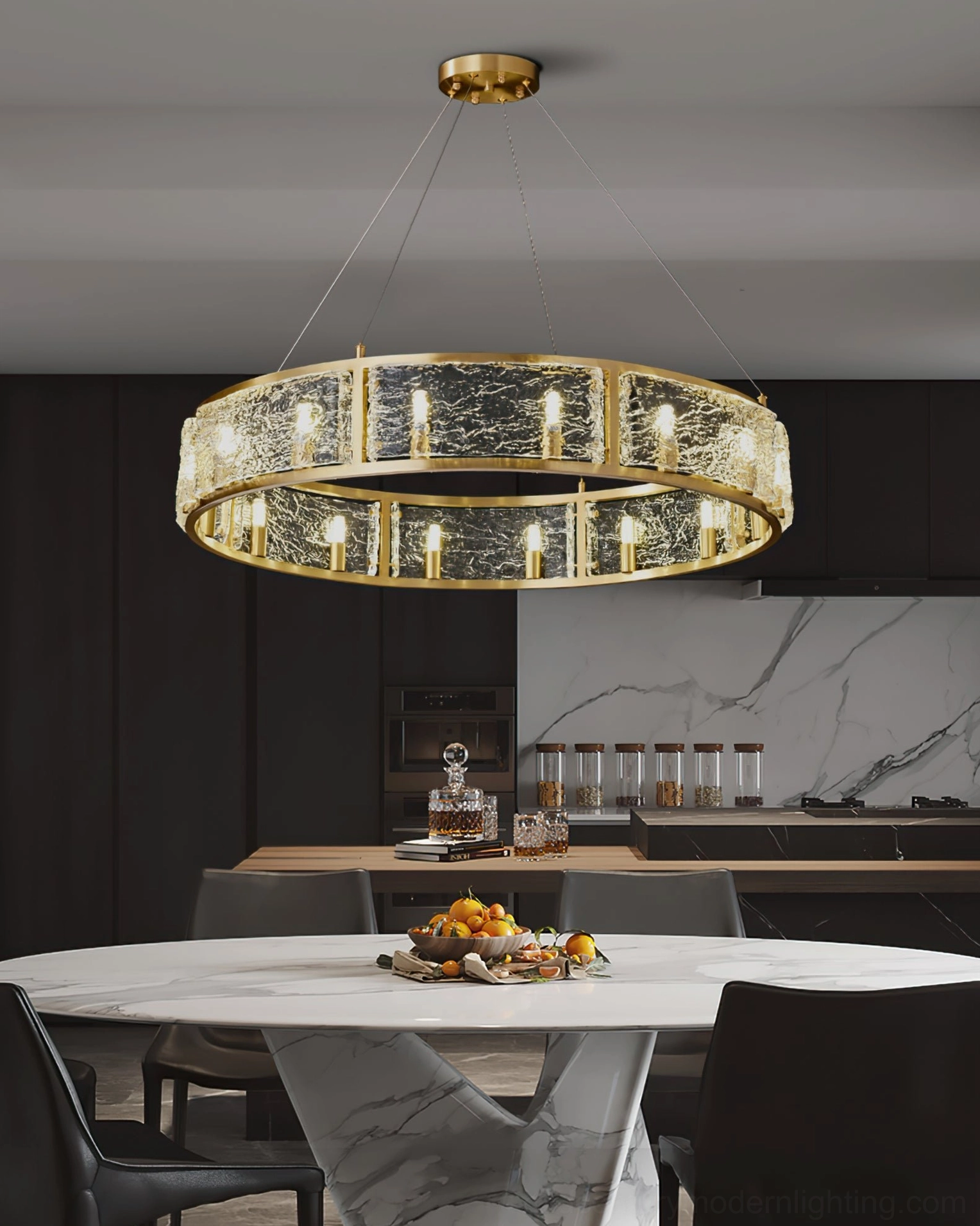 Drum chandelier in upscale open kitchen with marble round table high-end aesthetic