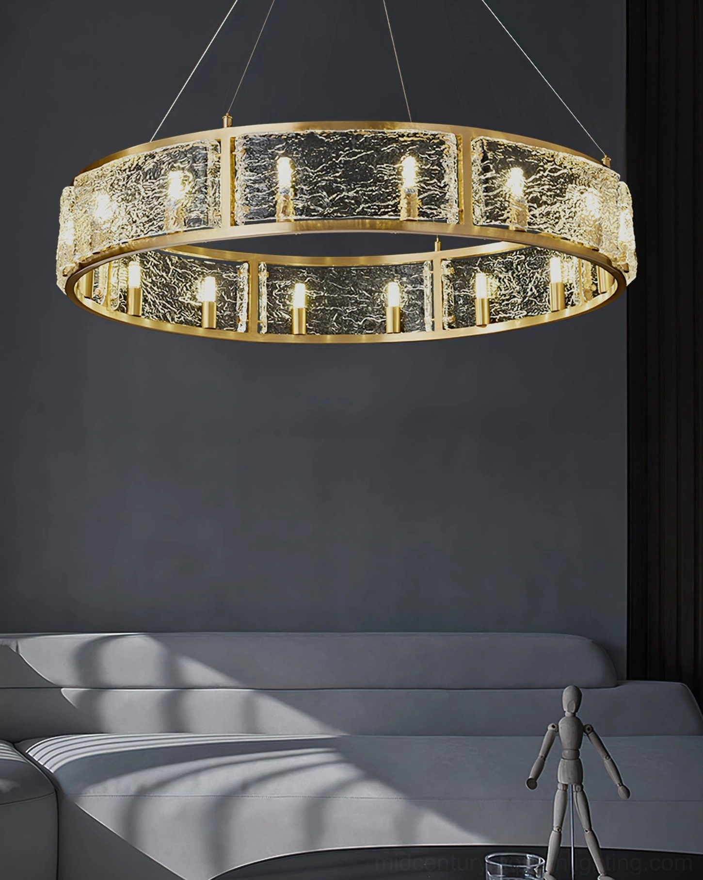Drum chandelier lighting modern living space with soft natural sunlight decorative elements