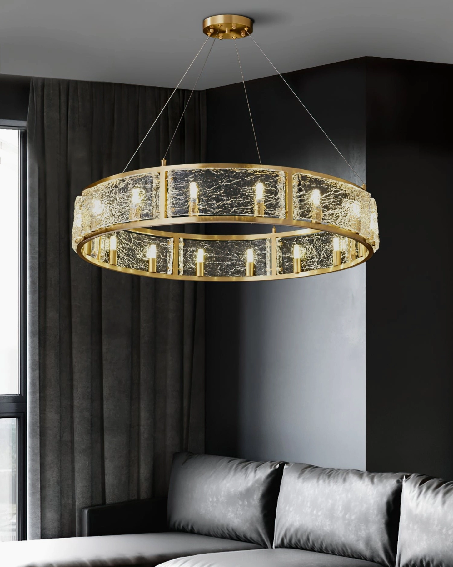 Drum chandelier suspended in modern living room with gray sofa minimalist luxury interior