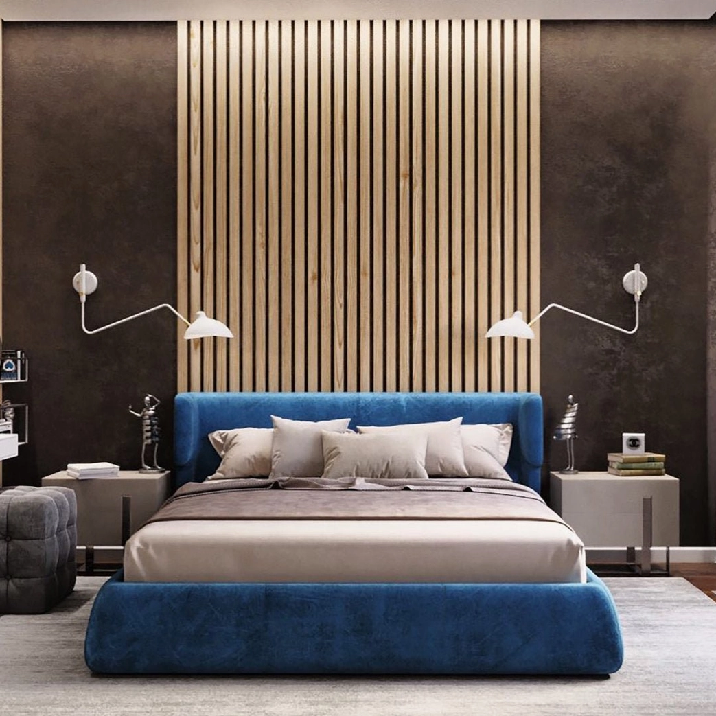 Dual-head articulated wall sconces in matte white finish creating symmetrical lighting on luxury bedroom wall