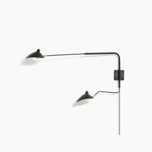 Articulated spider wall sconce with dual adjustable arms in matte black finish on minimalist white background