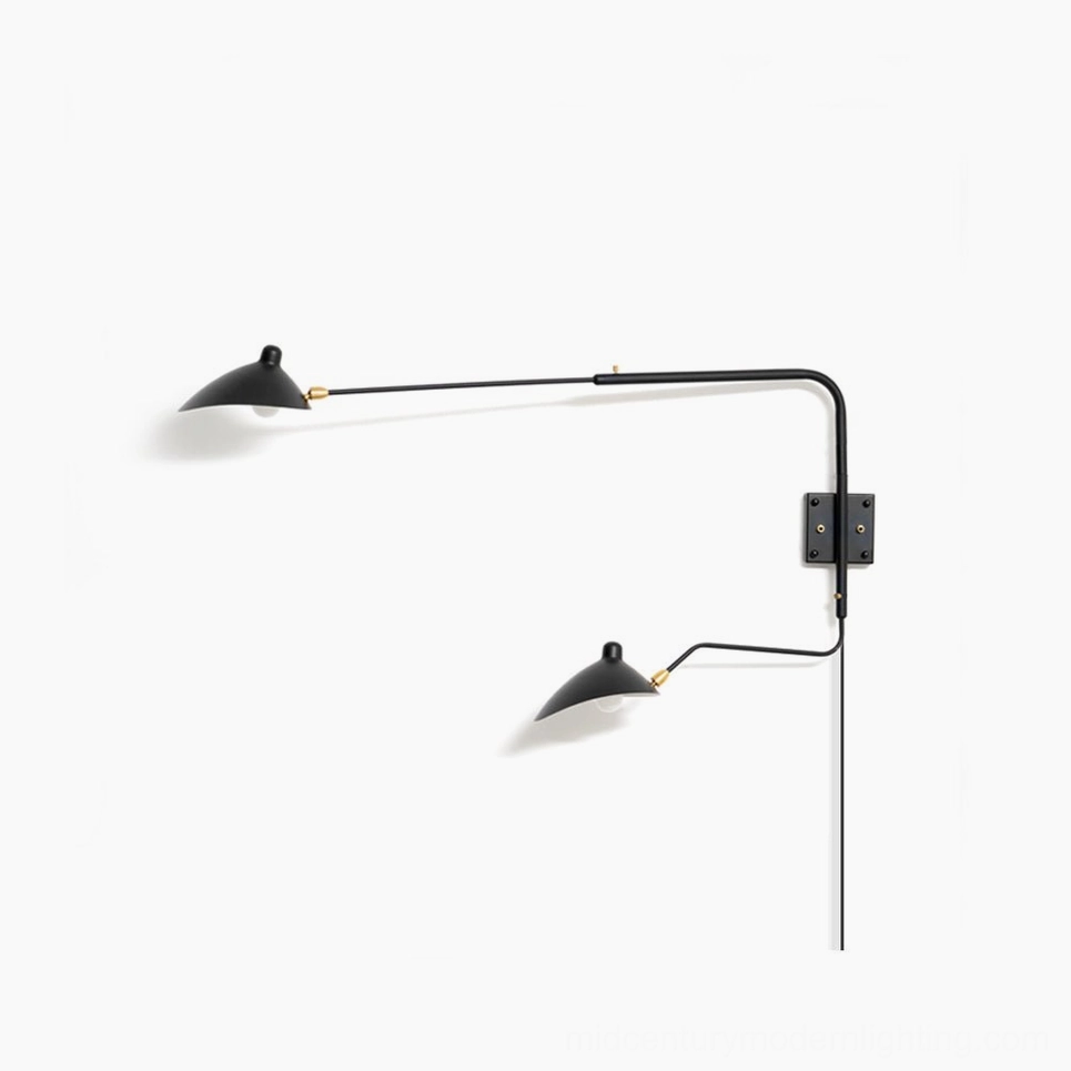 Articulated spider wall sconce with dual adjustable arms in matte black finish on minimalist white background
