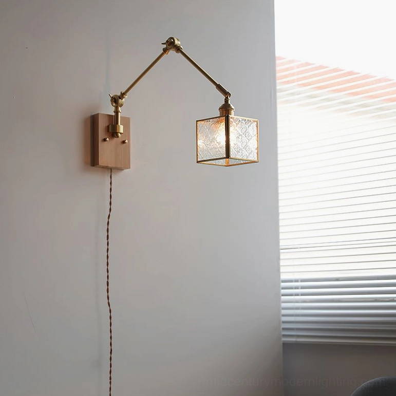 Dual-arm swing wall lamp with dark walnut base and frosted glass shades by louvered window, mid-century modern style