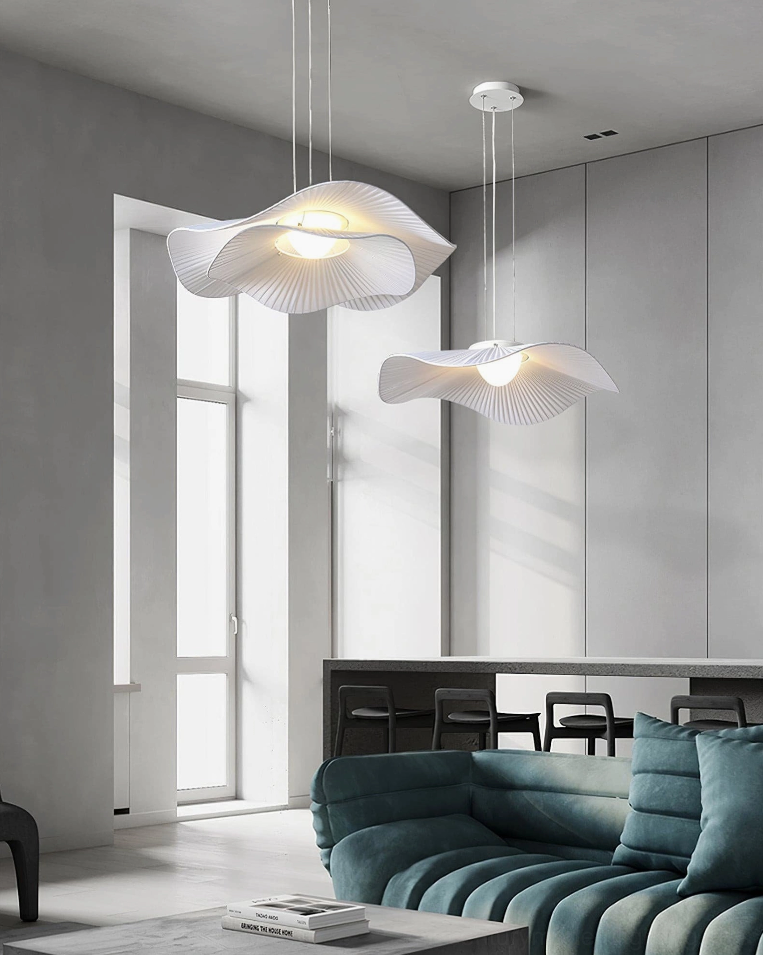 Dual cloud pendant lamps paired suspension in modern minimalist dining and living space