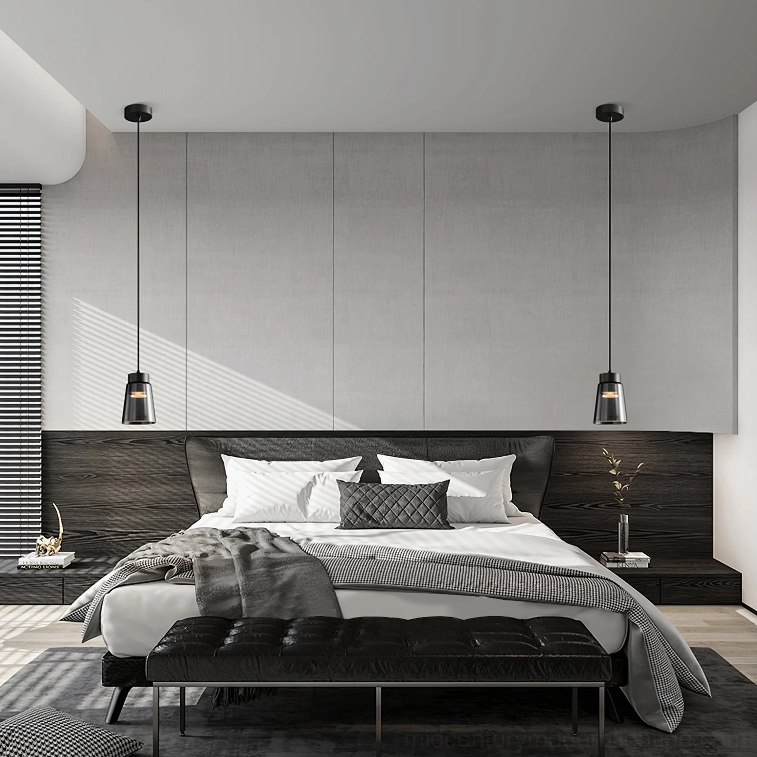 Two matching smoke grey cone pendants in contemporary master bedroom, paired ceiling fixtures