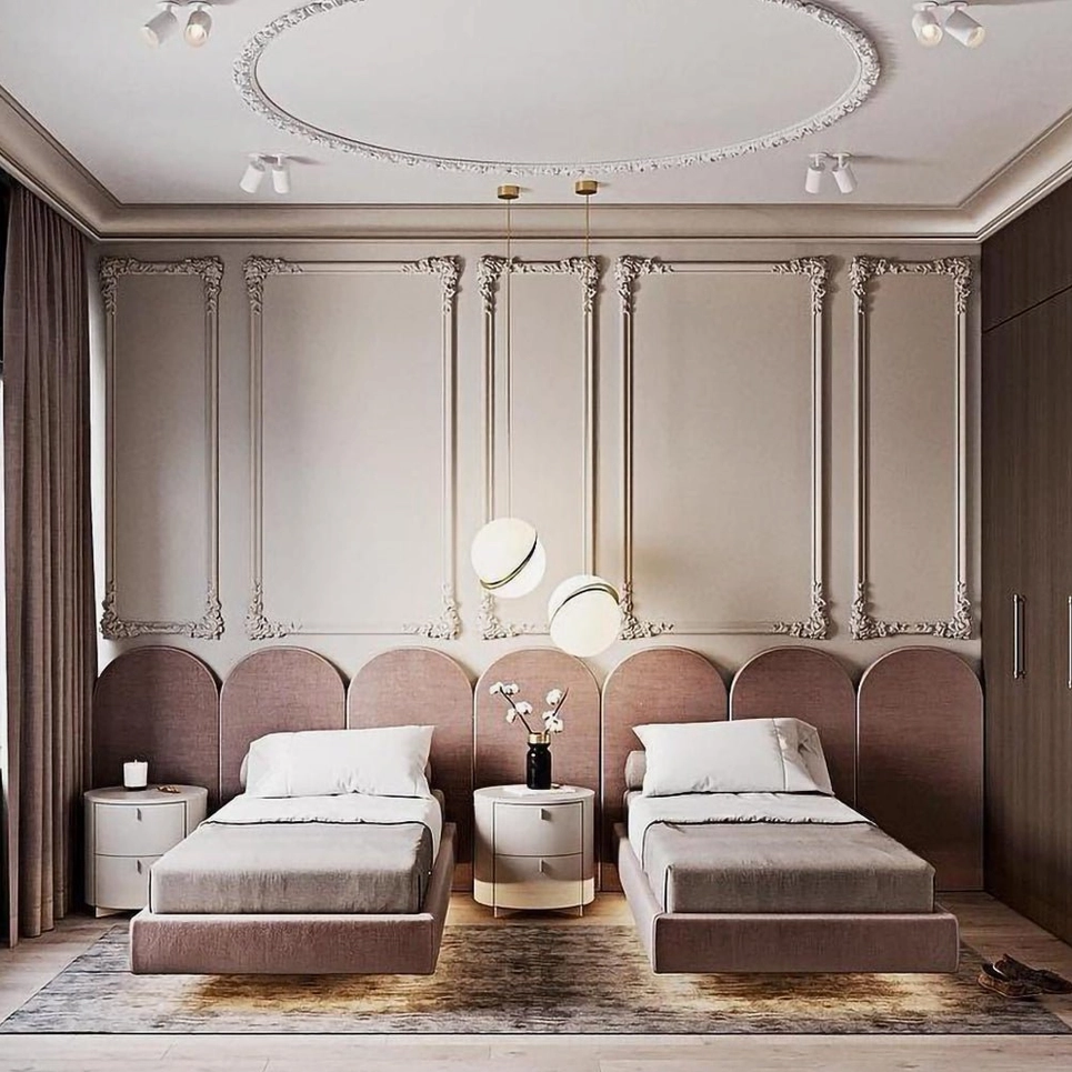 Dual crescent pendant lights in neoclassical luxury bedroom with carved ceiling moldings