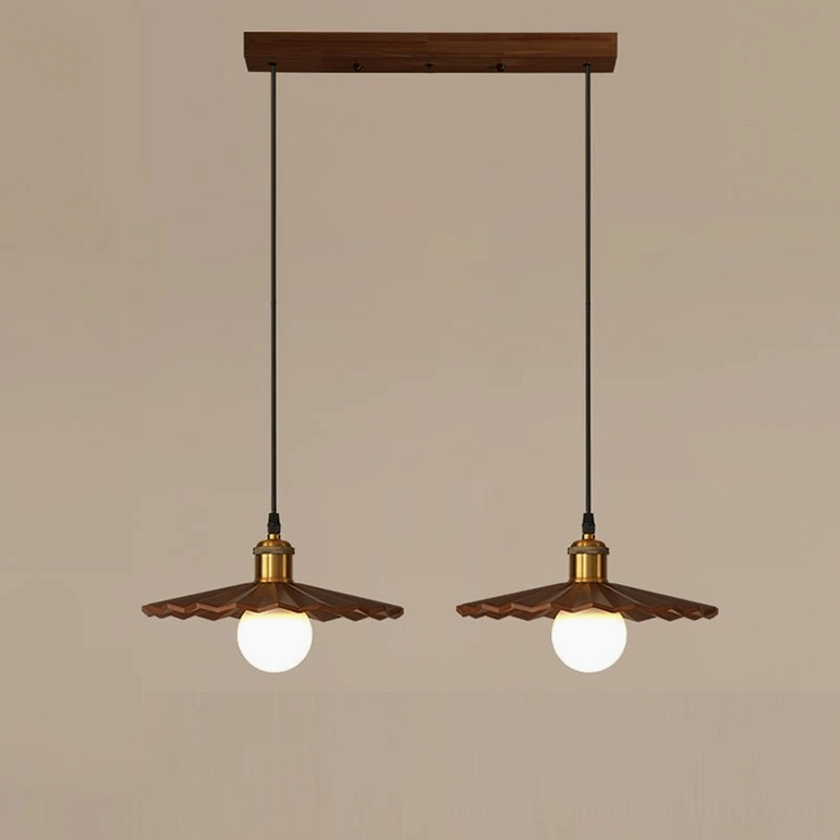 Dual geometric wood pendant lights suspended over dining area - 2-light configuration in walnut finish