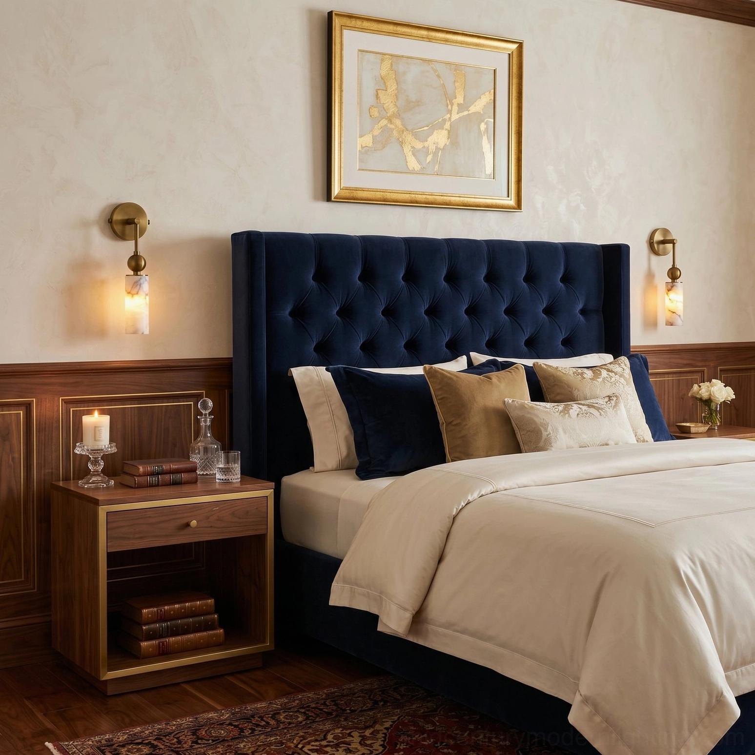 Paired Metro Alabaster wall sconces flanking tufted navy headboard in traditional master bedroom design
