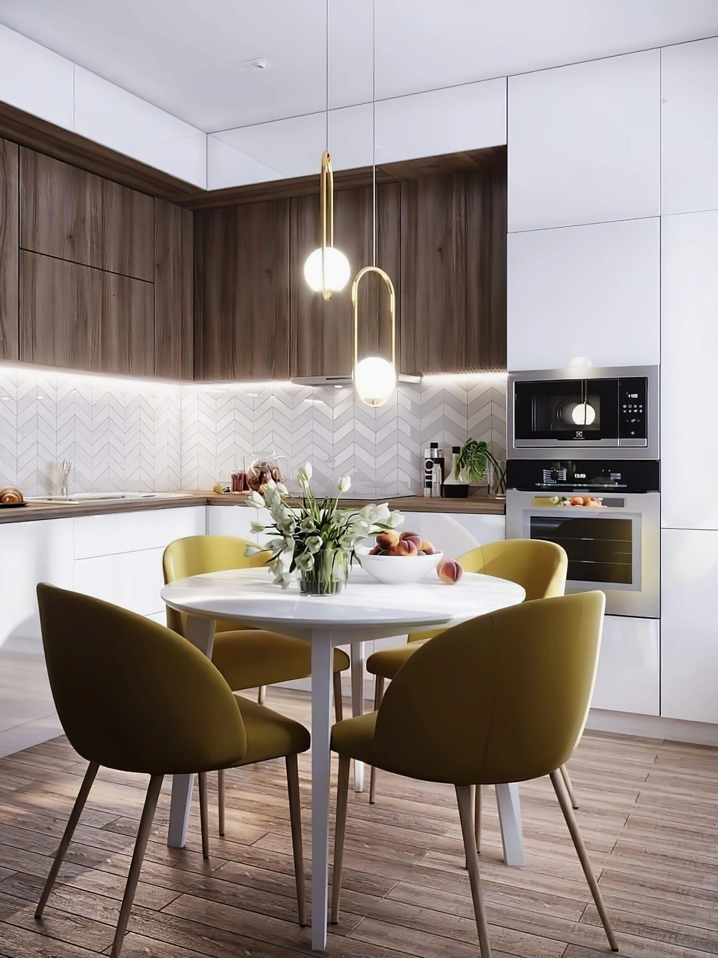 Two Mila hand-blown pendant lights hung above dining table in warm kitchen, mid-century modern brass pendant lamps with white glass