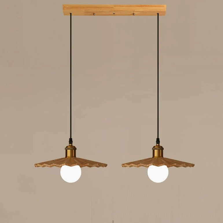 Dual geometric natural wood pendant lights suspended together - 2-light natural finish configuration