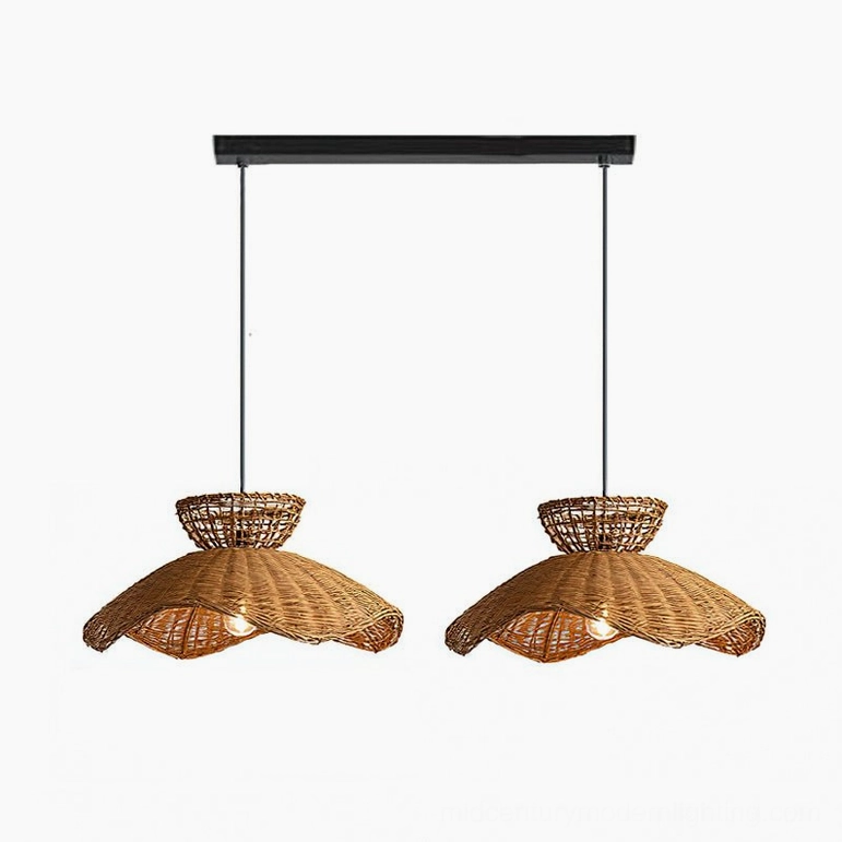 Dual rattan pendant lights suspended together, minimalist white studio background showcasing paired installation design