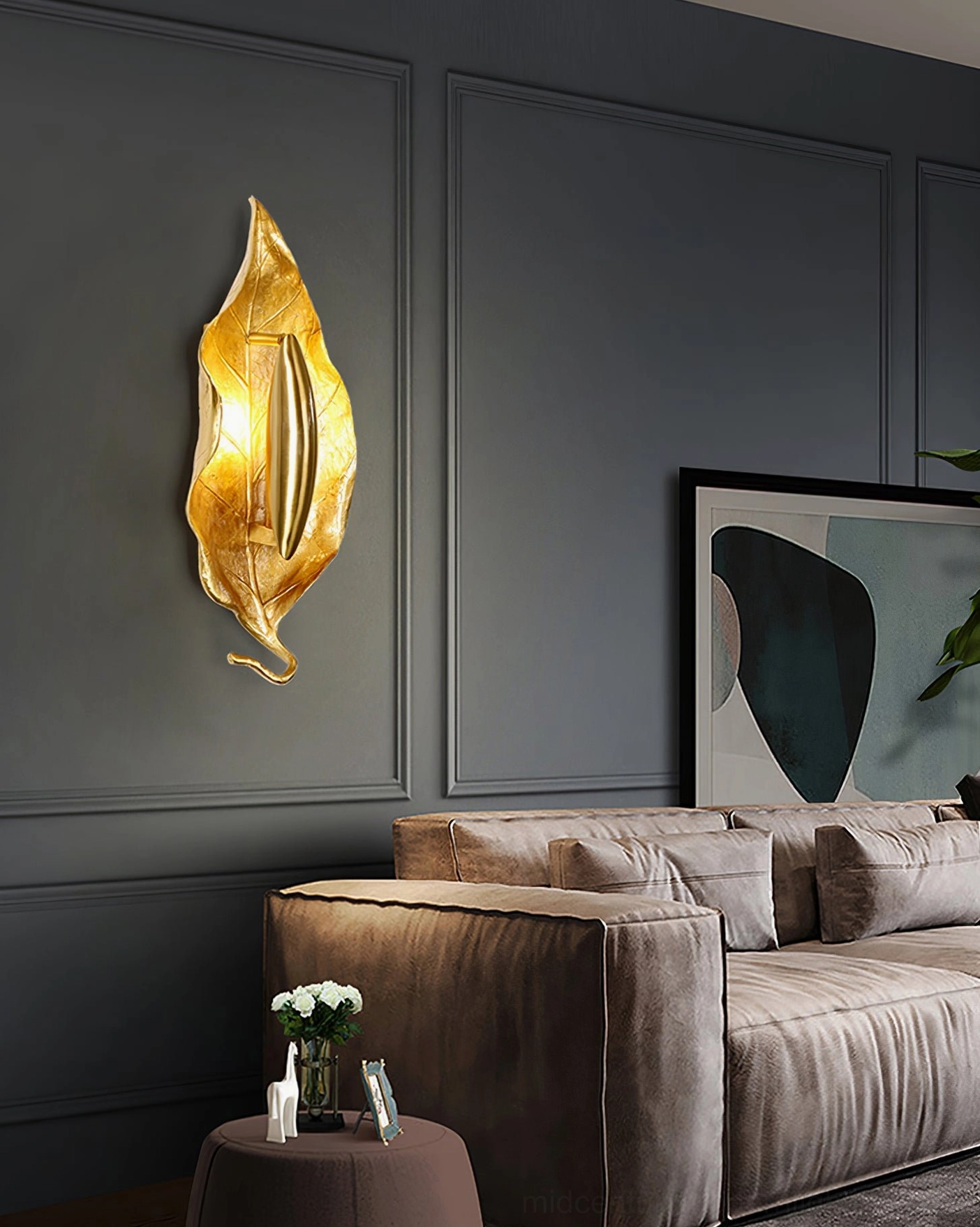 Dumaine brass leaf wall lamp minimalist aesthetic showing clean lines and organic form balance