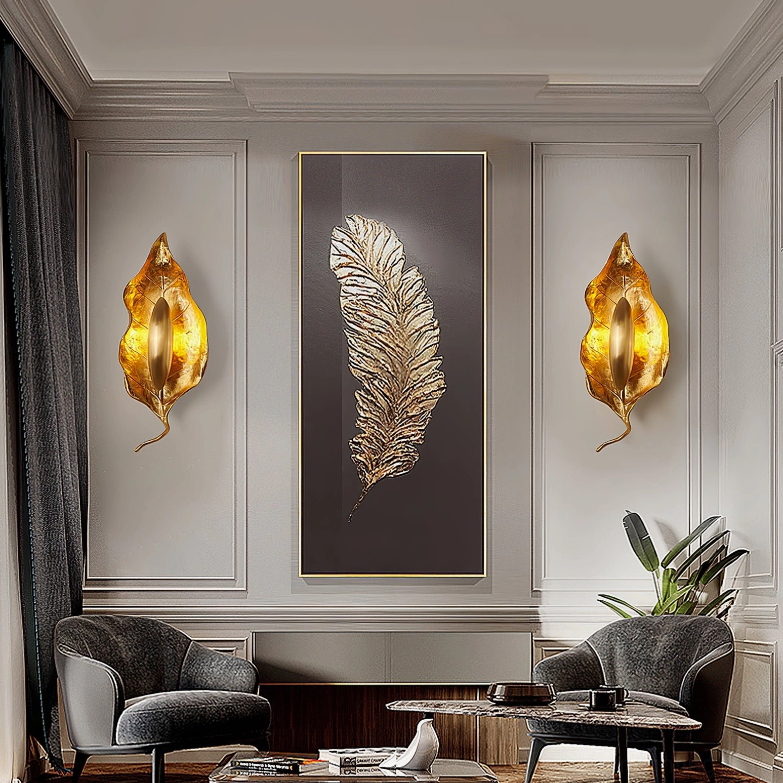 Dumaine brass wall sconce transitional interior design example with warm wood tones and organic styling