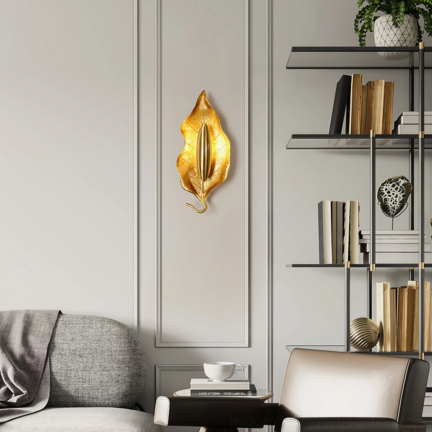 Dumaine leaf wall lamp architectural detail showing brass mounting hardware and stem angle precision