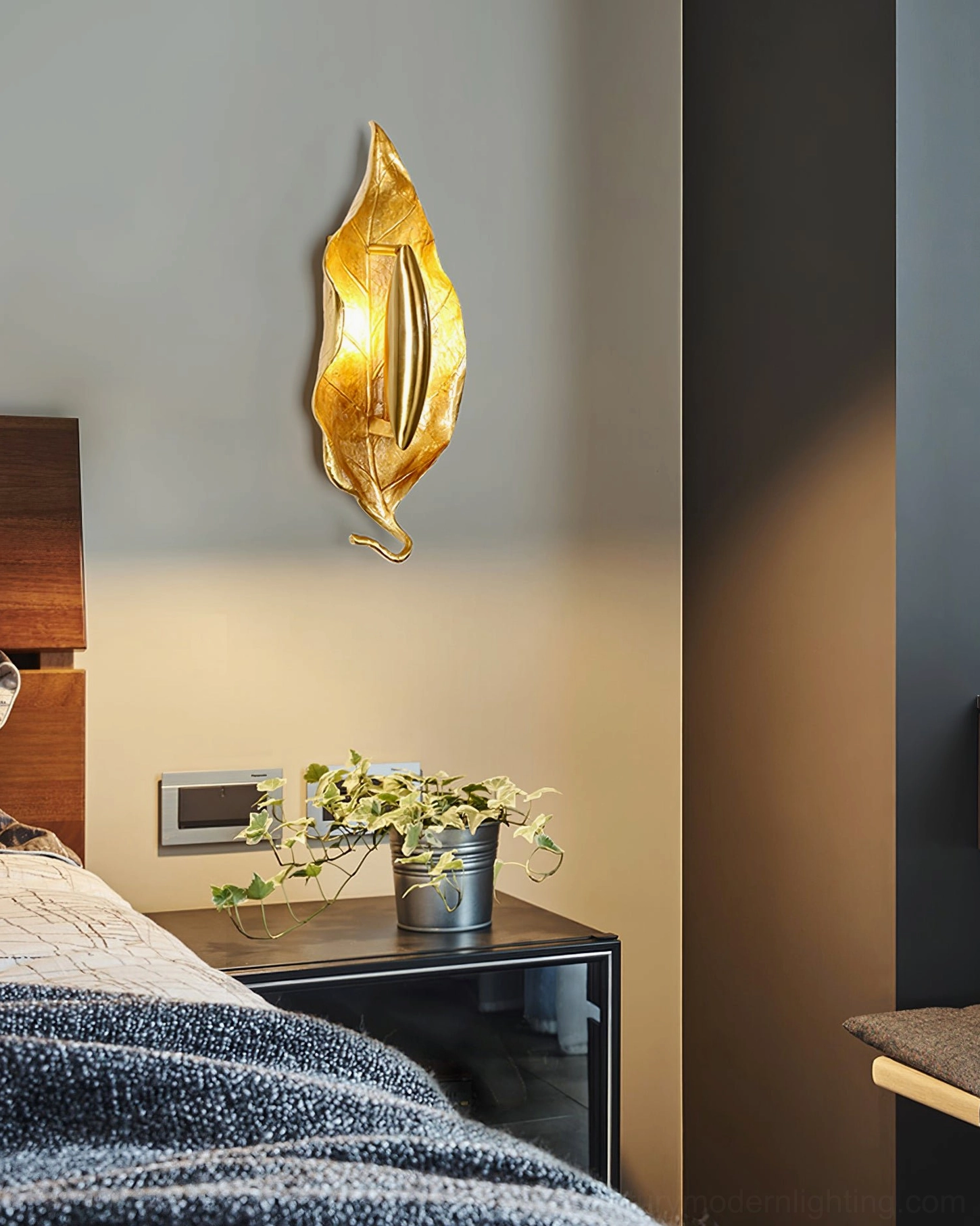 Dumaine brass leaf wall sconce installation guide view showing proper mounting orientation