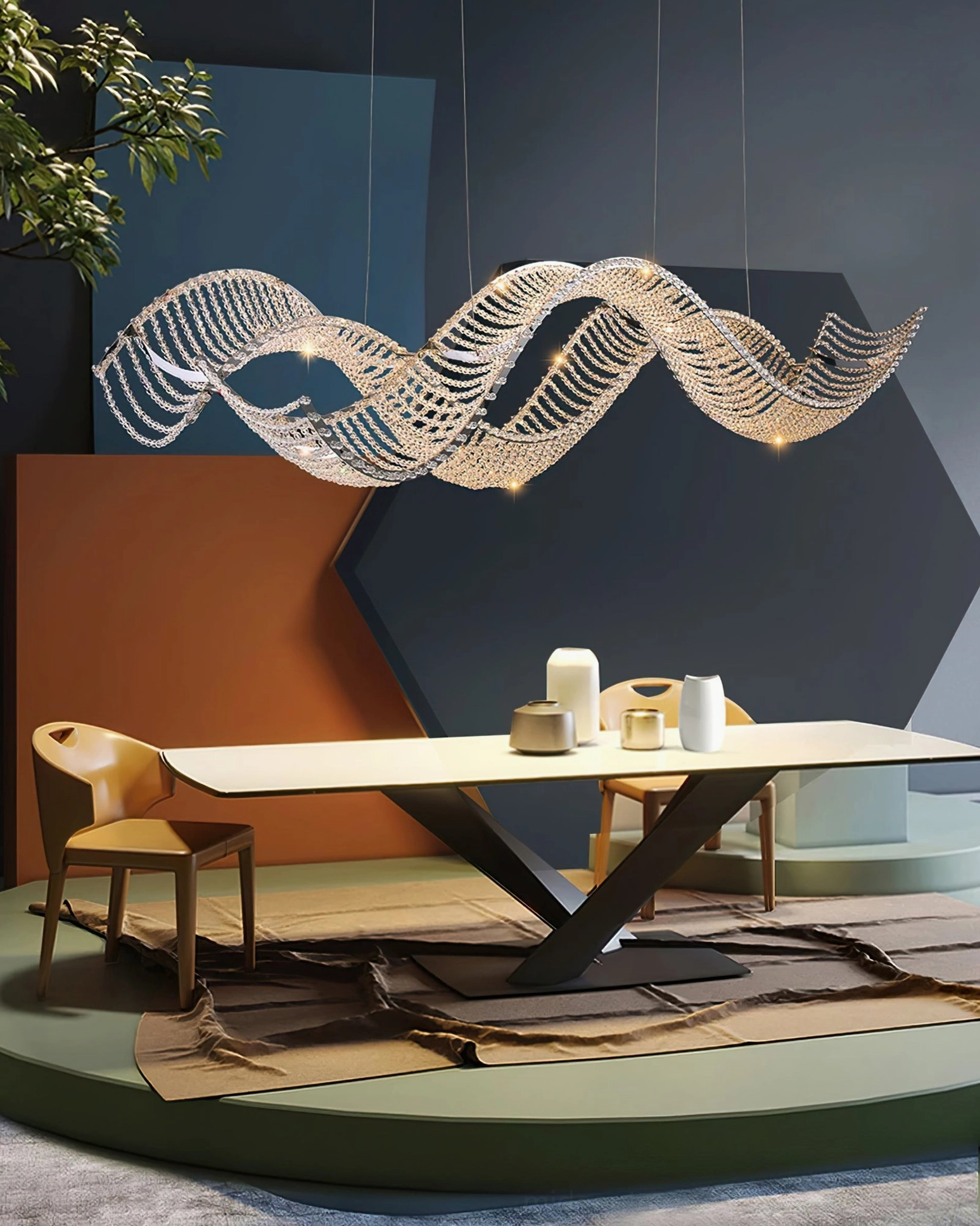Dumini wave crystal chandelier in luxury dining room with minimalist warm ambient lighting