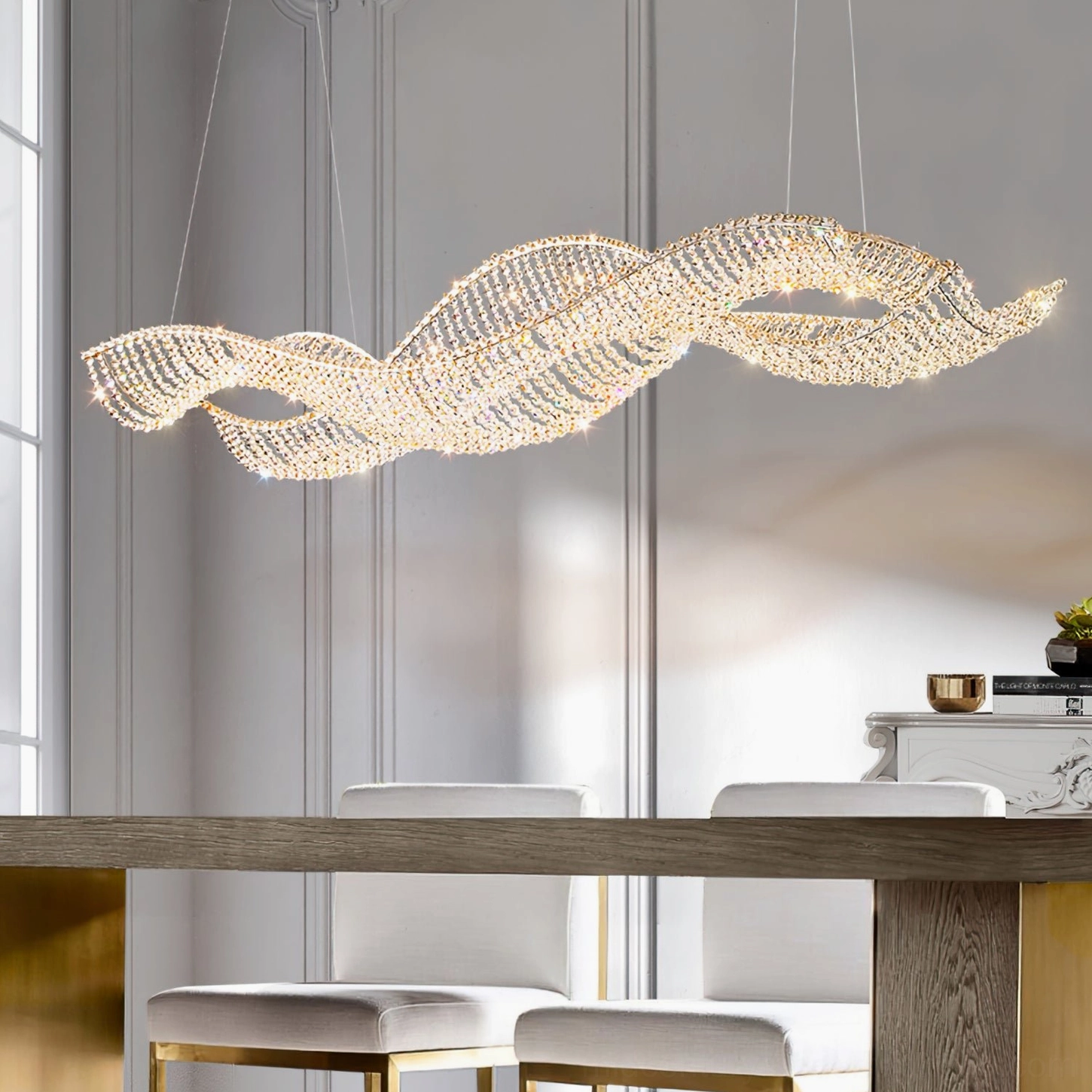 Dumini modern crystal chandelier installed in luxury restaurant bar area with ambient warm lighting