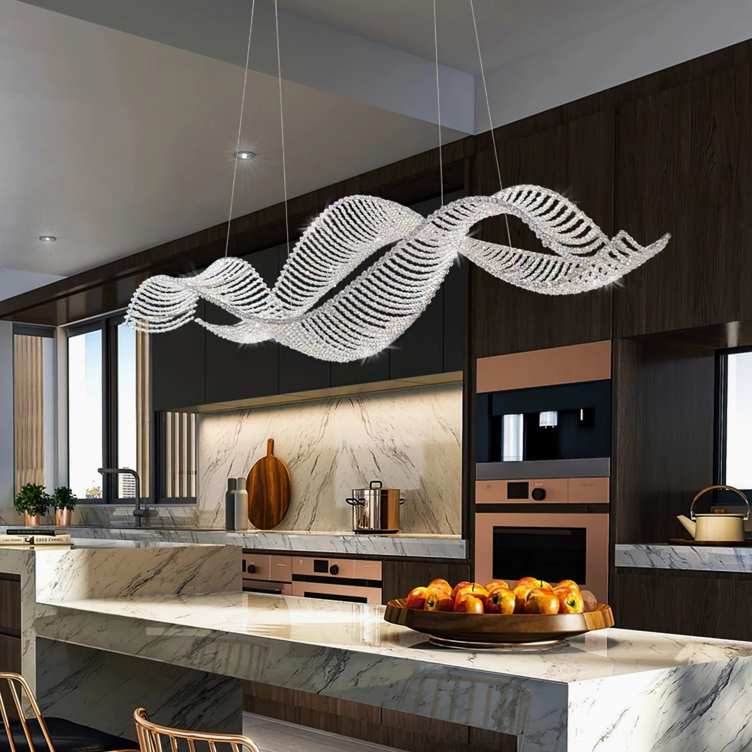 Dumini modern crystal chandelier above kitchen island counter in contemporary home