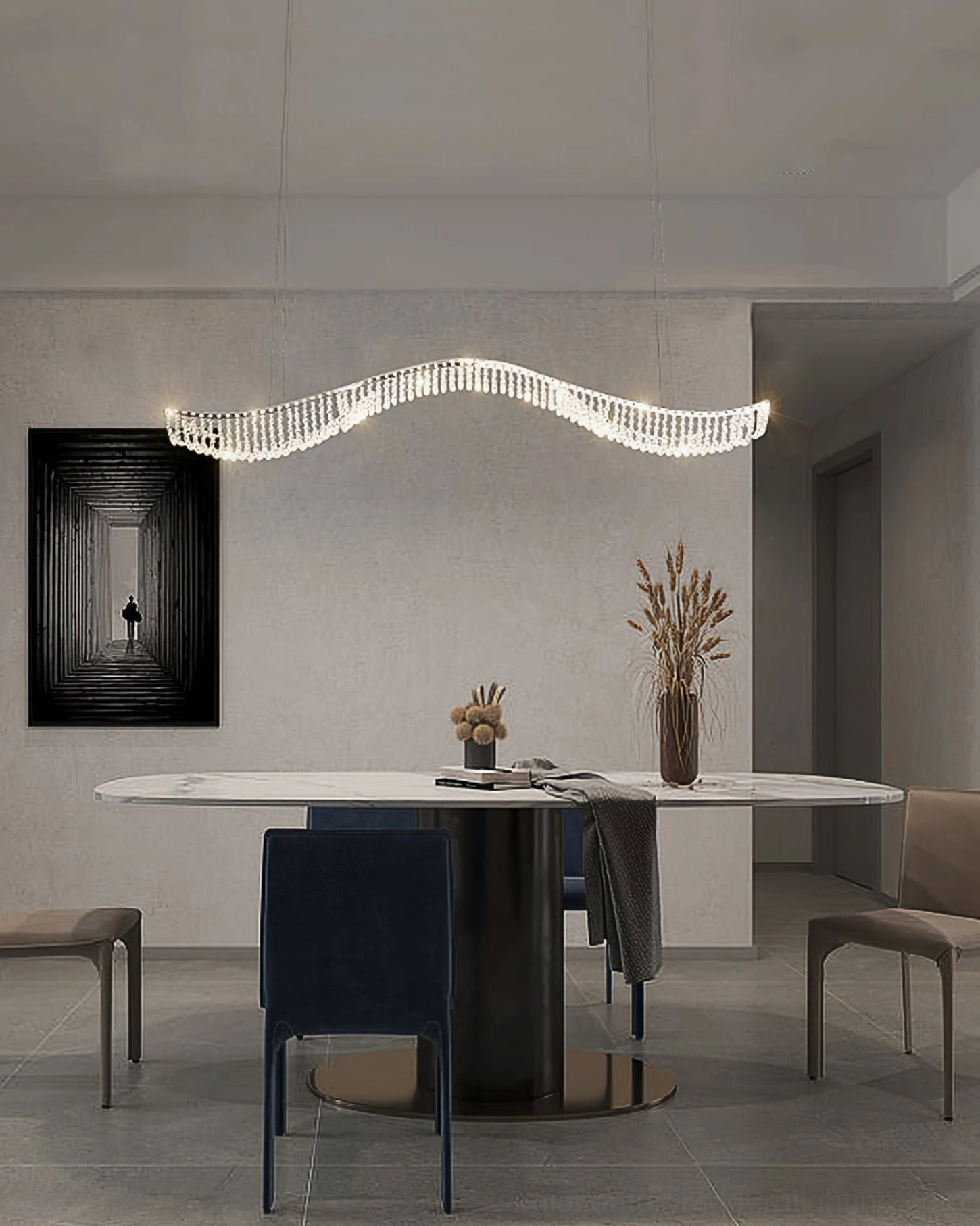 Dumini wave crystal chandelier side profile modern luxury lighting fixture