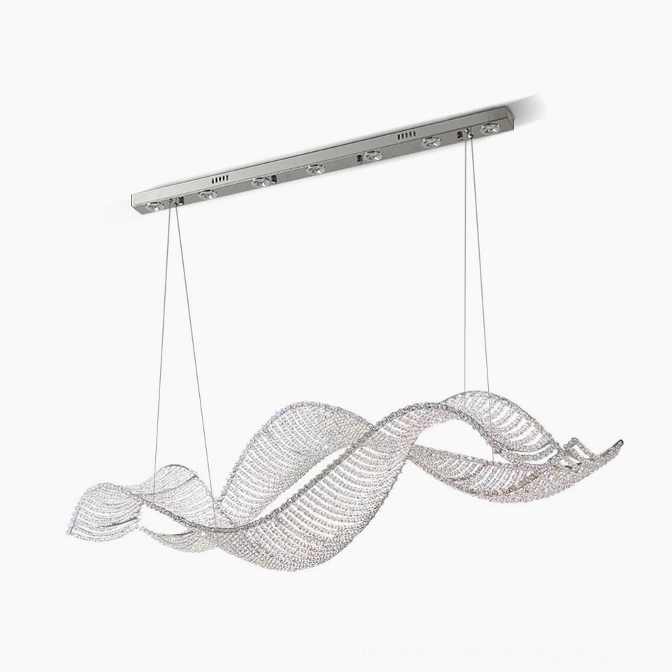 Dumini wave crystal chandelier with chrome finish on white background, modern luxury LED pendant light
