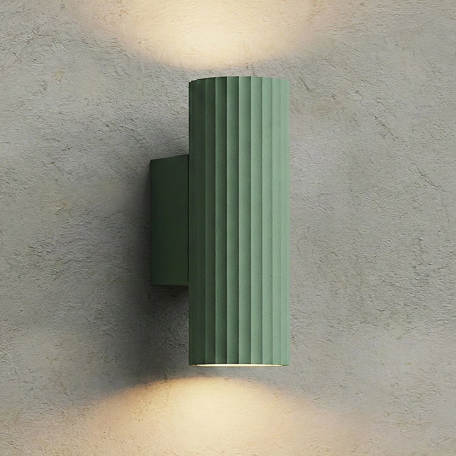 Dunbar sage green ribbed wall light fixture, compact geometric cylinder design for contemporary interiors