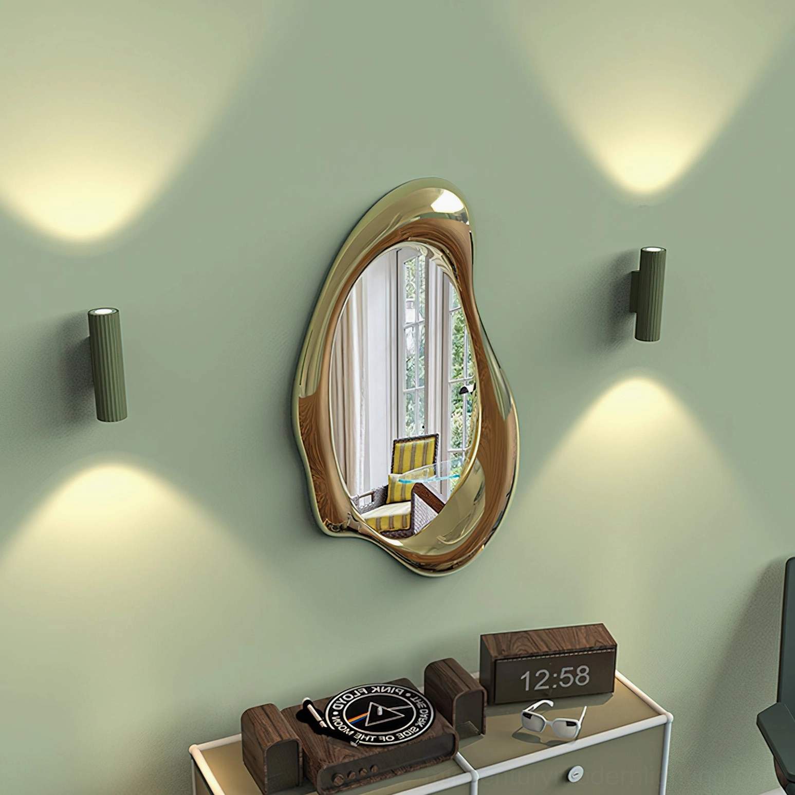 Pair of dark green Dunbar ribbed wall sconces in modern bedroom with accent wall and boho minimalist decor