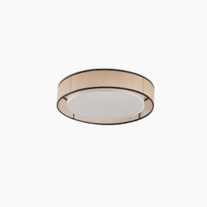 Duolla jute fabric ceiling light top-down flat lay view on white background, showcasing round woven disc with black trim