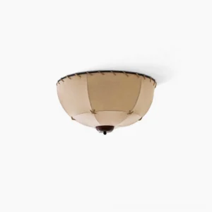 Duomo handcrafted ceiling lamp flush mount with beige linen stitched shade and dark walnut wood base, studio product shot overhead view