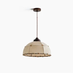Duomo woven fabric pendant light with braided rope trim detail, front view against white background
