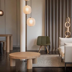 Two beige ribbed glass pendant lights in modern living room with warm ambient lighting