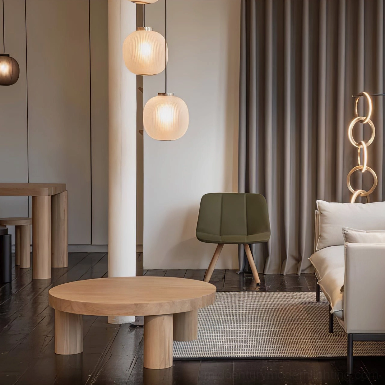 Two beige ribbed glass pendant lights in modern living room with warm ambient lighting